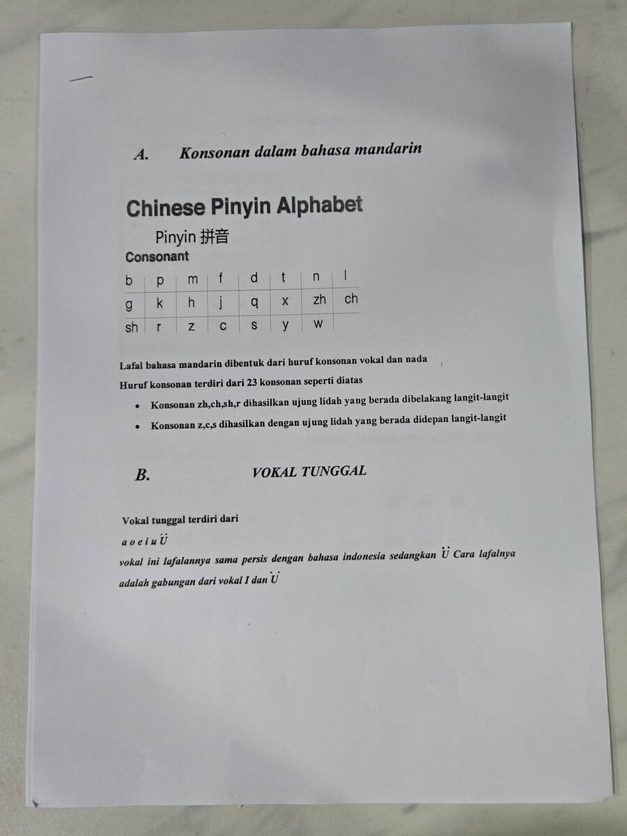拼音：Konsonan dalam bahasa mandarin / Vokal tunggal